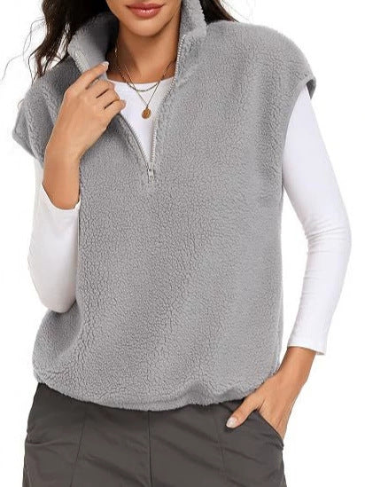 Dam Sleeveless Teddy Fleece Väst med Halv Dragkedja och Ståkrage