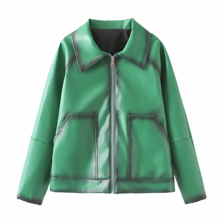 Dam boxy konstläder blouse med stor sjalkrage, central metal dragkedja, och patch framfickor