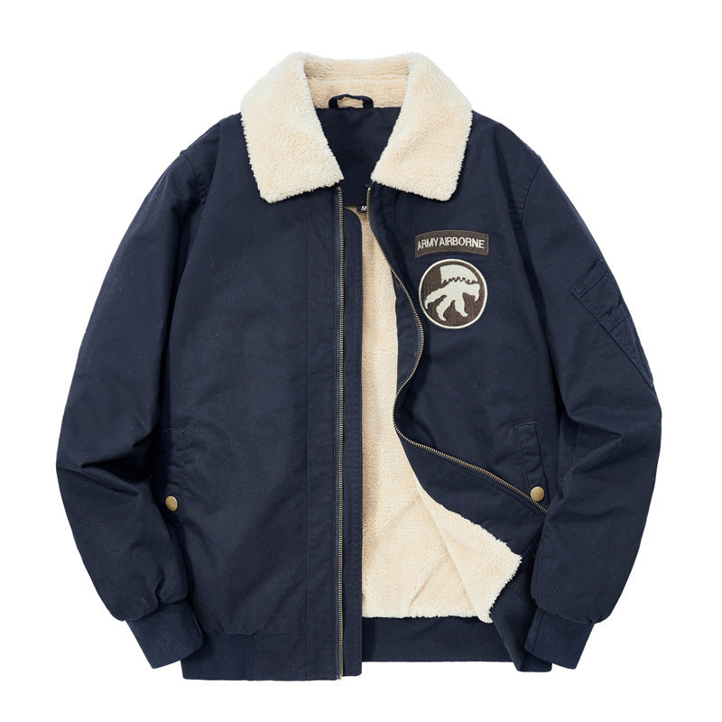 Herr Fleecefodrad Flight Jacka Blouson med Sherpa Krage och Patch Detaljer