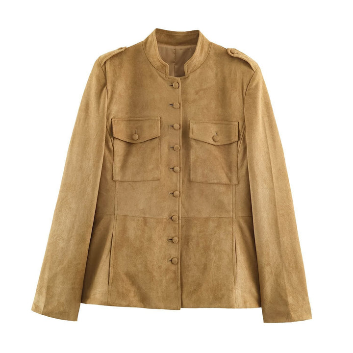 Dam Skräddarsydd Velour Jacka i Field Stil med Ståkrage och Bröst Flaps