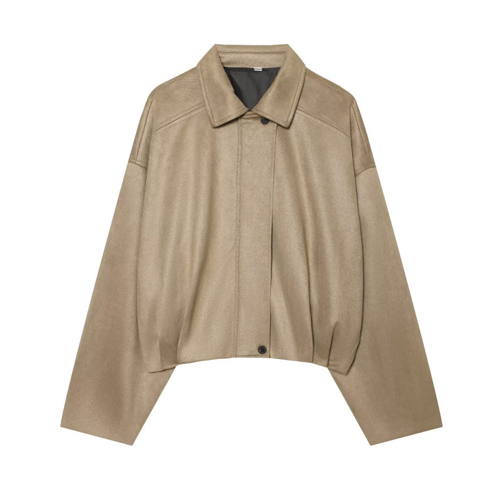 Dam Kort Cape Jacka i Oversize Suede Look med Dold Knapp Knäppning