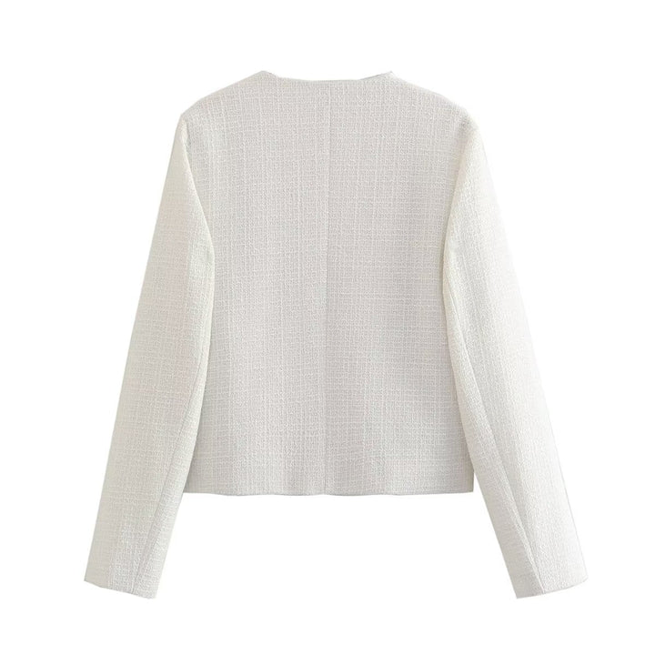 Dam kort-skärning tweed jacka med boucle structure, round neckline och decorative gold knappar