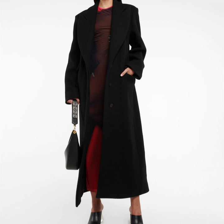 Dam Floor-Length lång modell Single-Breasted ullblandning kappa med Distinctive Shoulder design