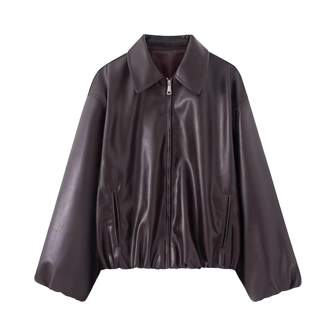 Dam Oversized Konstläder Blouson med Dragkedja och Elastic Fåll