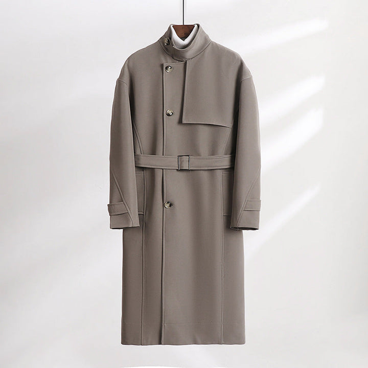 Herr Lång-Skärning Minimalistisk Trench Kappa med Sjalkrage Krage och Justerbar Ärm Remmar