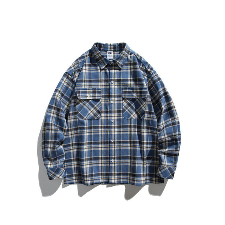 Herr Rutig overshirt Jacka tillverkad av fluffy bomull blend med patch bröstfickor