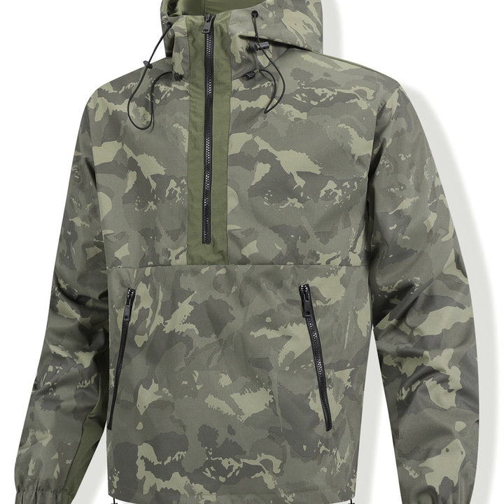 Herr Camouflage Anorak med Huva, Half Dragkedja och Vattenavvisande Beläggning