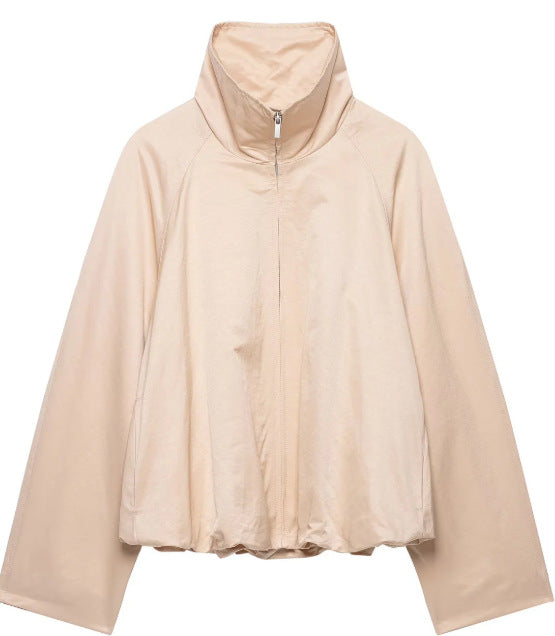 Dam Oversize Blouson Jacka med Funnel Krage, Raglan Ärmar och Justerbar Nederkant