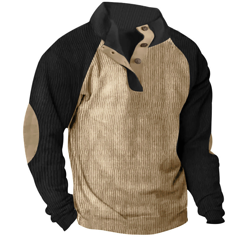 Herr Strukturerad Raglan Henley Pullover med Ståkrage, Elbow Lappar &amp; Knapplist