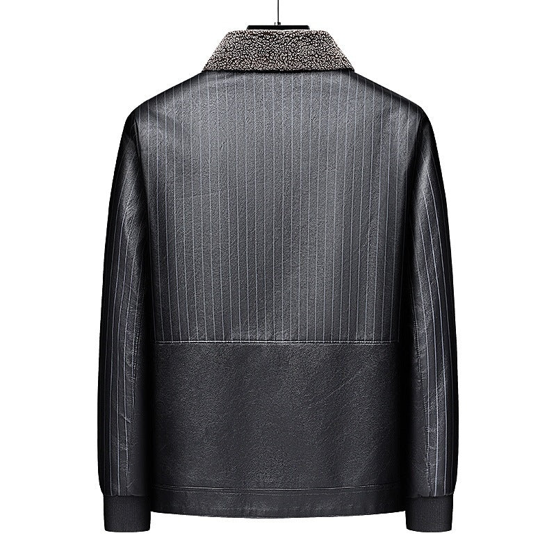 Herr Konstläder Blouson med Sherpa Krage, Varm Teddyfoder och Pinstripe Detalj