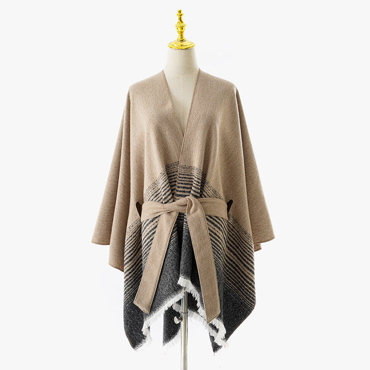 Dam Wrap poncho med Tie bälte, V-Neck och Fringed fåll