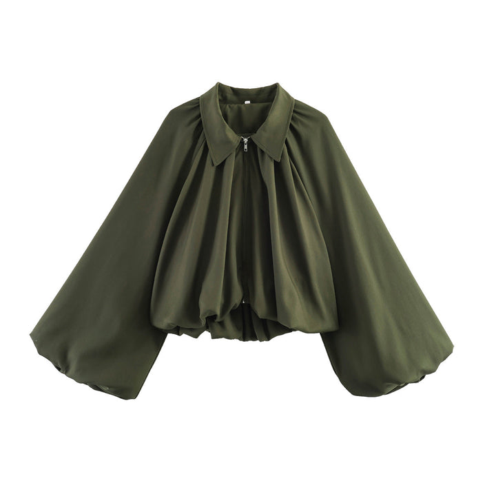 Dam Kort Cape Jacka med Voluminous Balloon Ärmar, Stå Krage och Dragkedja