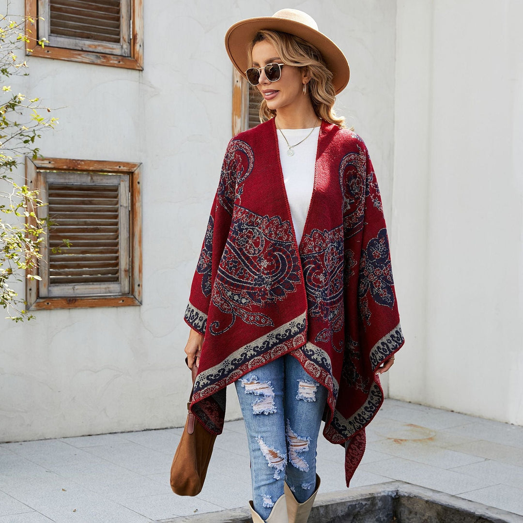Dam elegant Jacquard poncho med Paisley mönster och öppen front