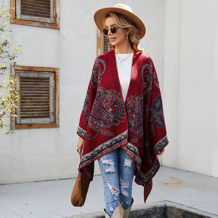 Dam elegant Jacquard poncho med Paisley mönster och öppen front