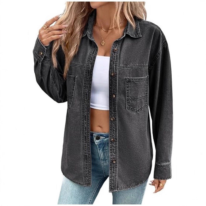 Dam oversize denim skjortjacka in Washed look med bröstfickor och hel knappslå