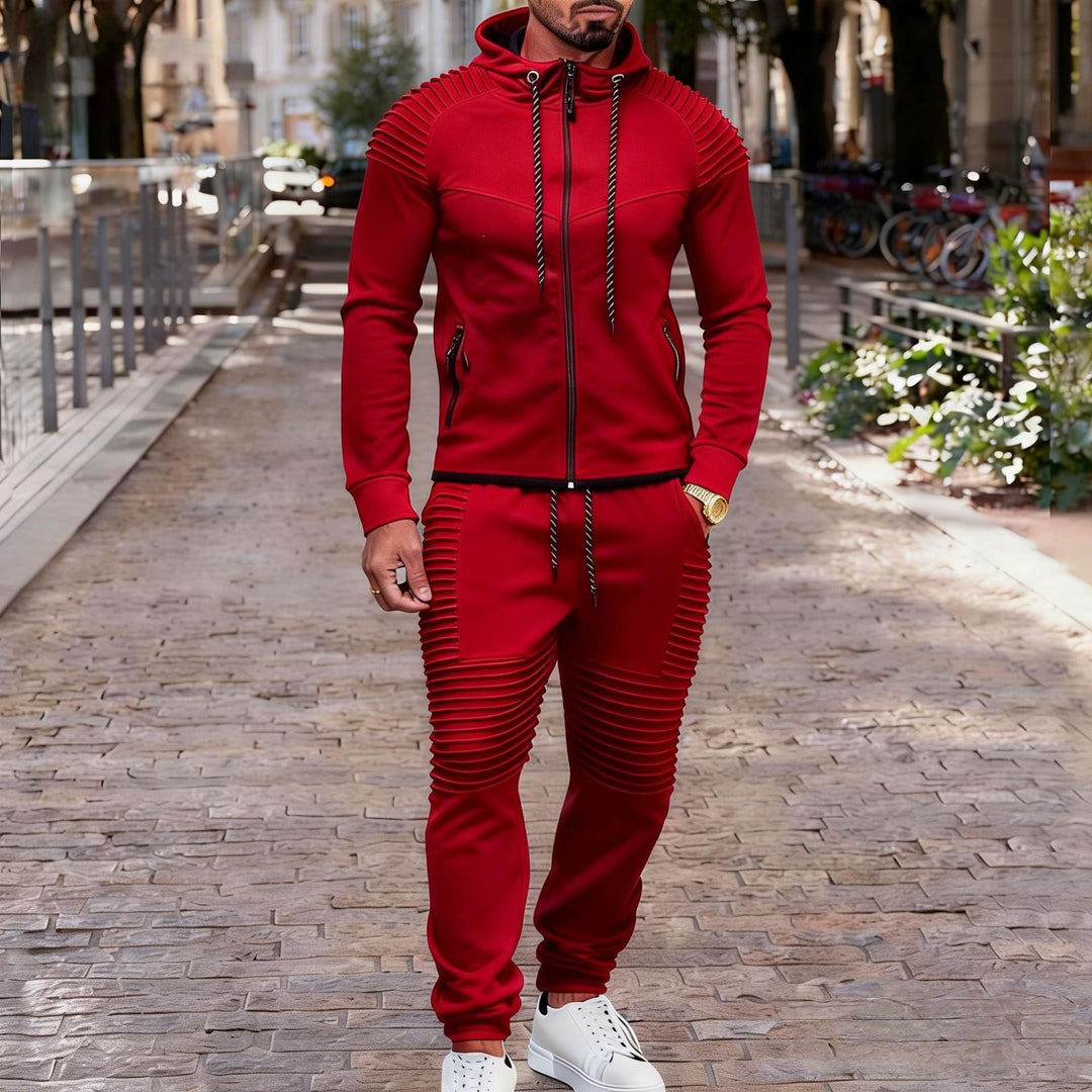 Herr Sportig Luvtröja Sweat Set med Ribbad Biker Panels