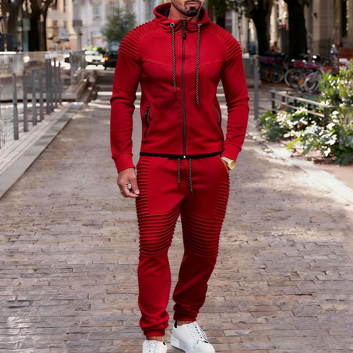 Herr Sportig Luvtröja Sweat Set med Ribbad Biker Panels