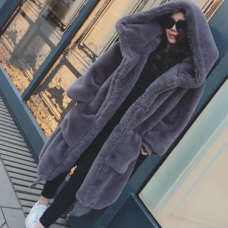 Dam oversize Fusk Päls Kappa med huva och Fickor