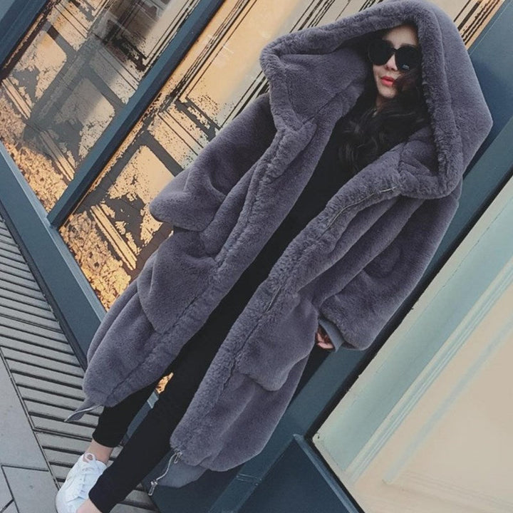 Dam oversize Fusk Päls Kappa med huva och Fickor