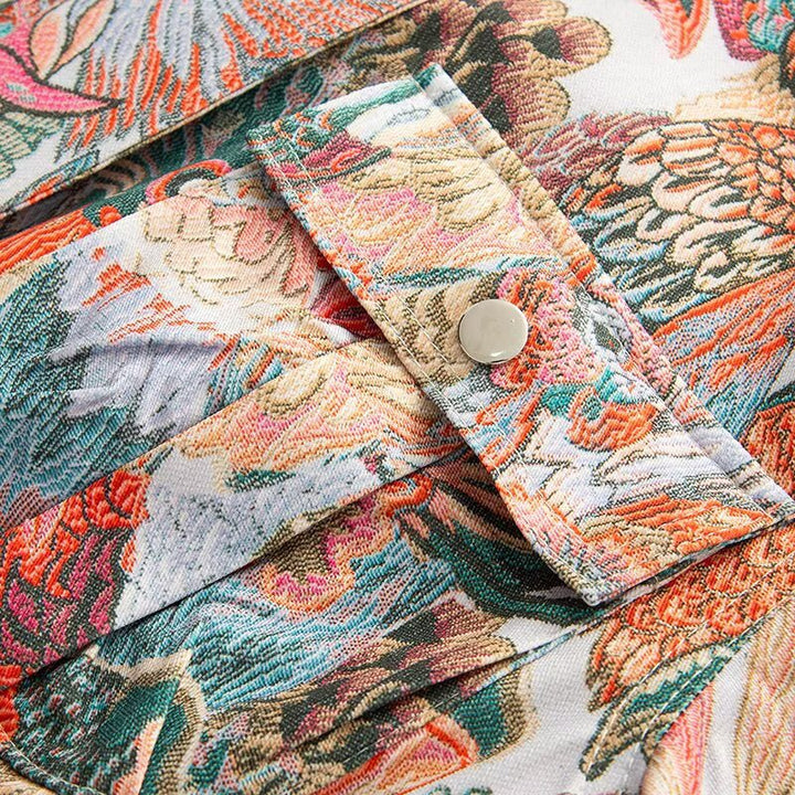 Dam Kort Bouclé Tapestry Jacka med Ornamental Bird Tryck, Patch Fickor och Stå Krage