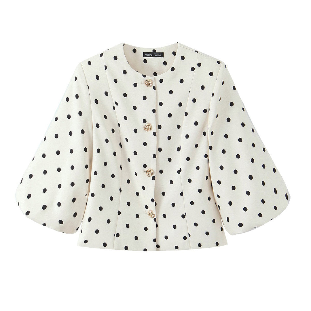 Dam skräddad Polka-Dot Blouse jacka med Volume ärmar och Gold dekorativ knappar