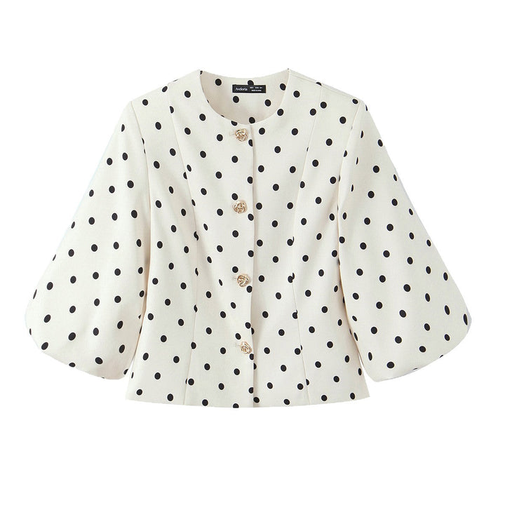 Dam skräddad Polka-Dot Blouse jacka med Volume ärmar och Gold dekorativ knappar