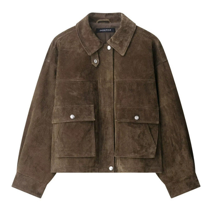 Dam 100+ Kort Velour Läder Blouson Jacka med Lock Fickor och Tryckknapp Knapp Stängning