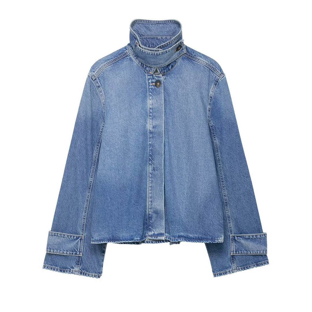 Dam Kort Boxig Jeans Jacka med Hög Funnel Krage och Extra Wide Muddar