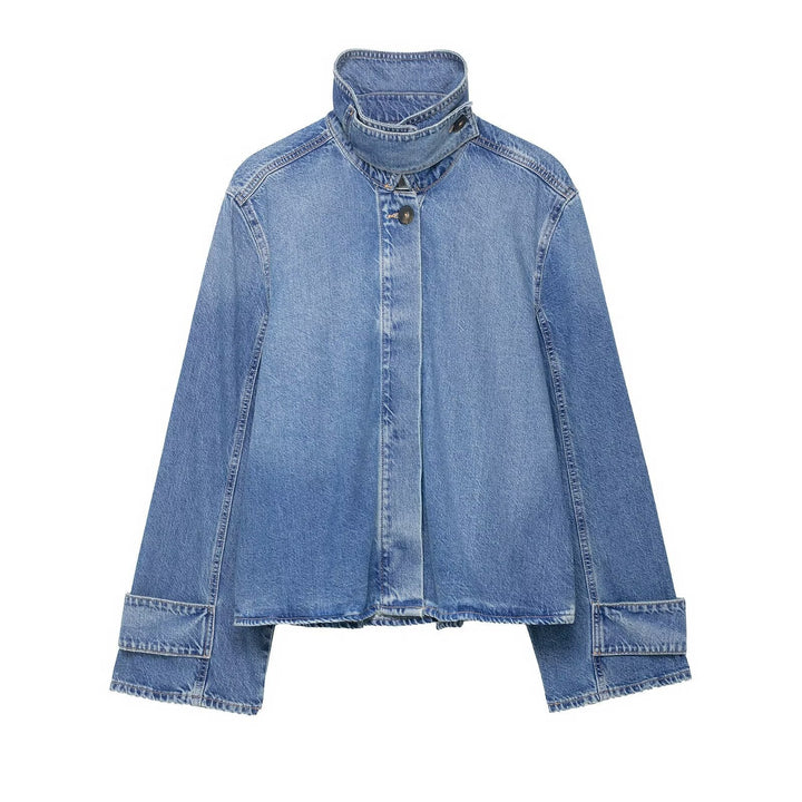 Dam Kort Boxig Jeans Jacka med Hög Funnel Krage och Extra Wide Muddar