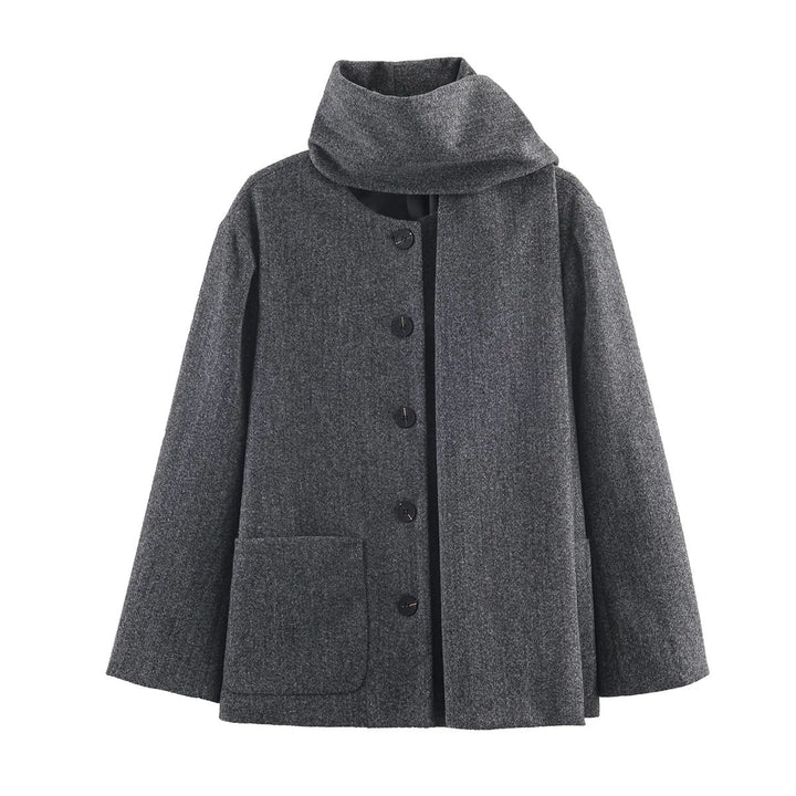 Dam boxy jacka i ullblandning med voluminous tube krage och patch front pocket