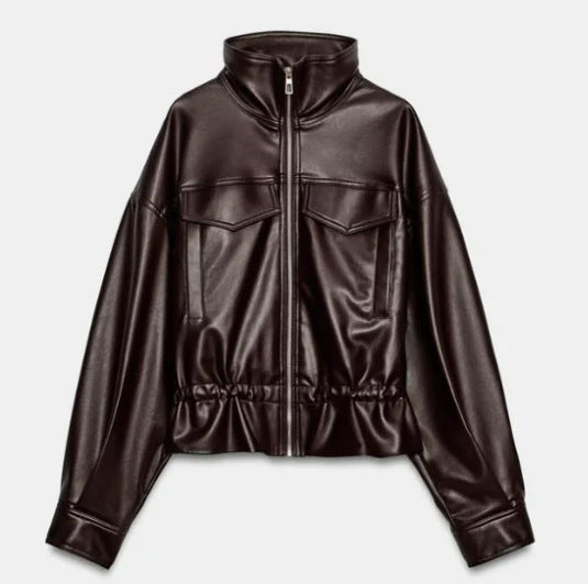 Dam Kort Faux Läder Blouson med Stå Krage, Lock Fickor och Drawstring Waist