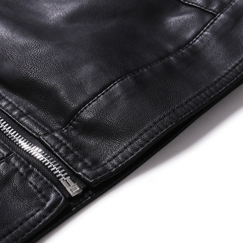 Herr Smal Passform Läder Look Blouson i Racer Minimal Stil med Snap Knapp Ståkrage