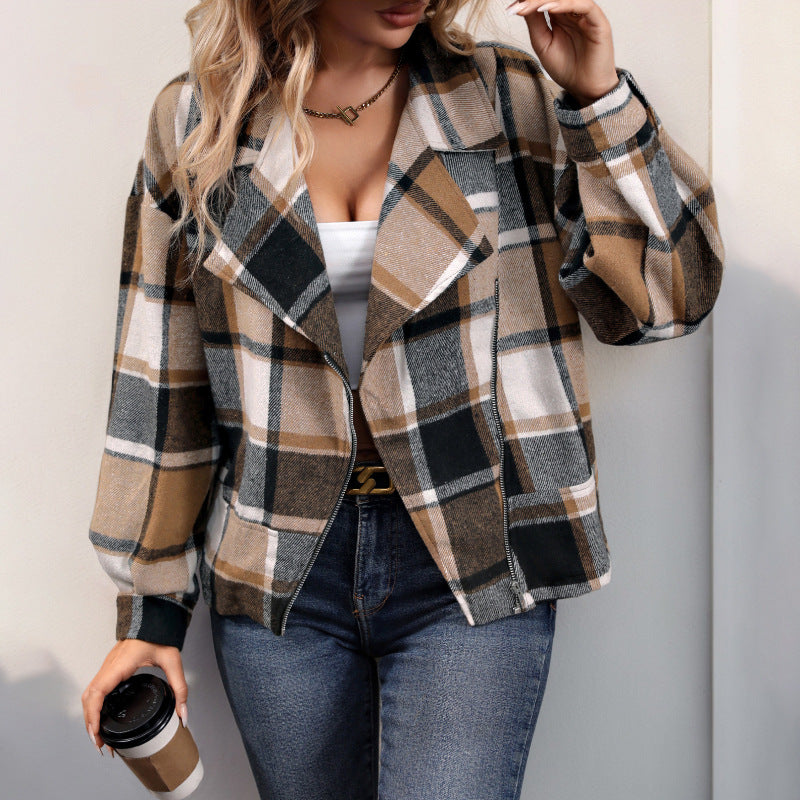 Dam oversized Check Shacket med Notched krage, dragkedja &amp; påsydda fickor