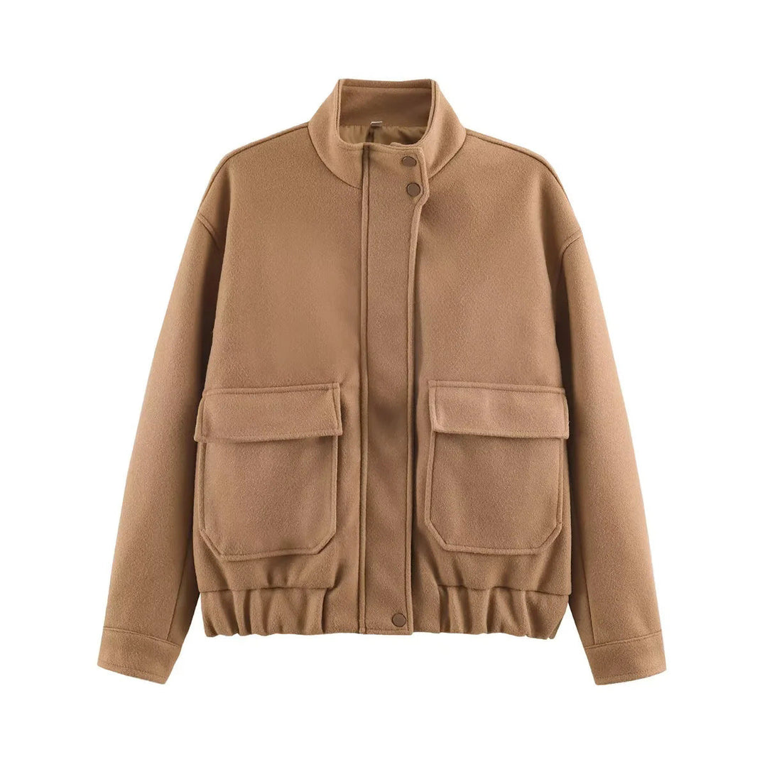 Dam kort-skärning boxy ull blouson med ståkrage, elastic waistband, och stor patch flap fickor