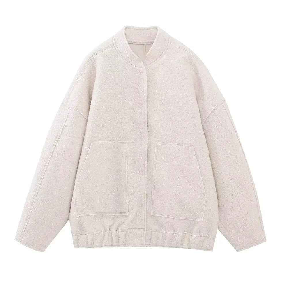 Dam 70+ Oversize Teddy-Fleecejacka med Stå Krage och Patch Fickor