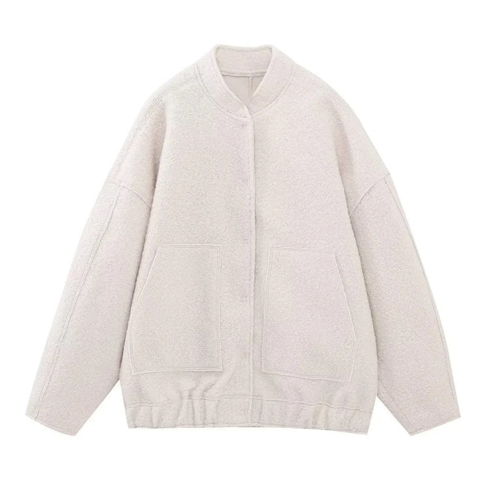 Dam 70+ Oversize Teddy-Fleecejacka med Stå Krage och Patch Fickor