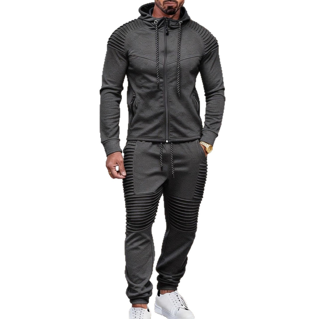 Herr Sportig Luvtröja Sweat Set med Ribbad Biker Panels