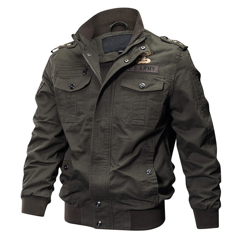 Herr Military-Inspired Pilot Jacka Tillverkad av Canvas med Epaulets och Ribbad Muddar
