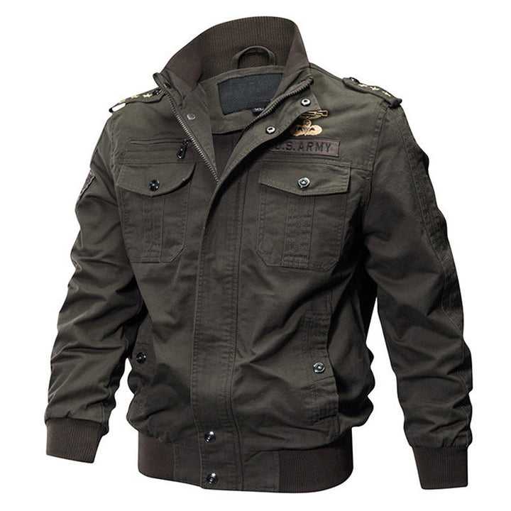 Herr Military-Inspired Pilot Jacka Tillverkad av Canvas med Epaulets och Ribbad Muddar