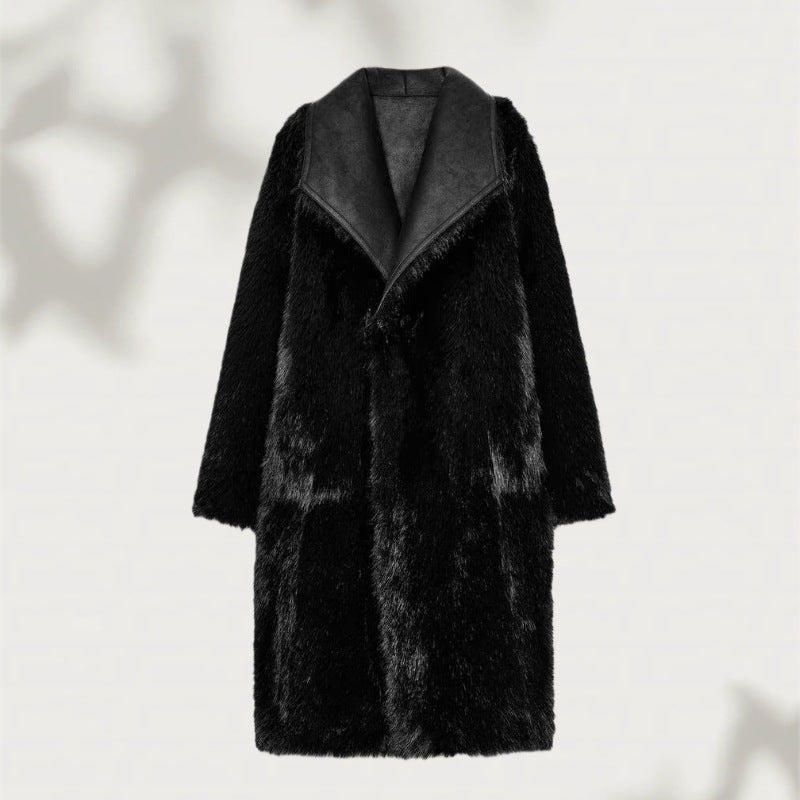 Dam Lång Konstpäls Shearling Kappa med Oversized Sjalrakrage och Utanpåfickor