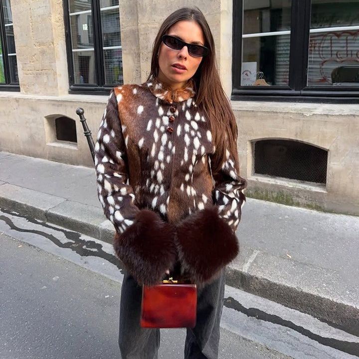 Dam skräddad kort jacka med Leopard tryck och Faux Fur muddar