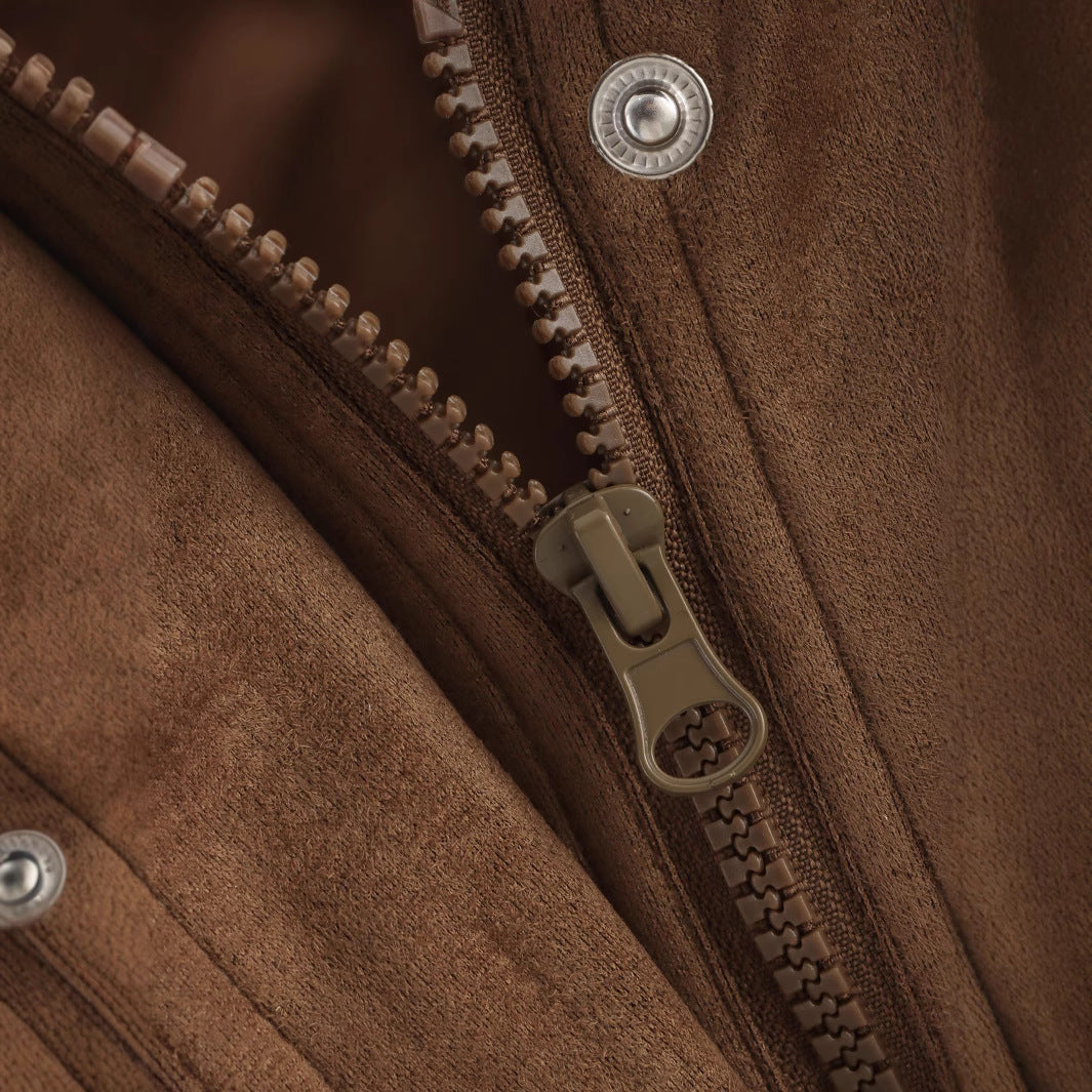 Dam Boxig Övergångsjacka i Suede Look med Skjort Krage, Applied Lock Fickor och Elastic Waist