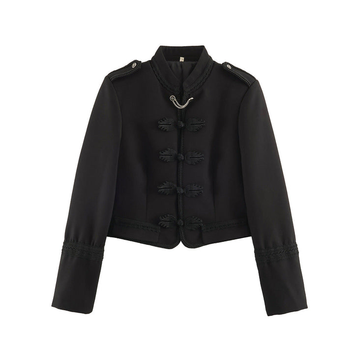 Dam Kort Military-Stil Jacka med Mandarin Krage, Dekorativ Knot, och Epaulettes