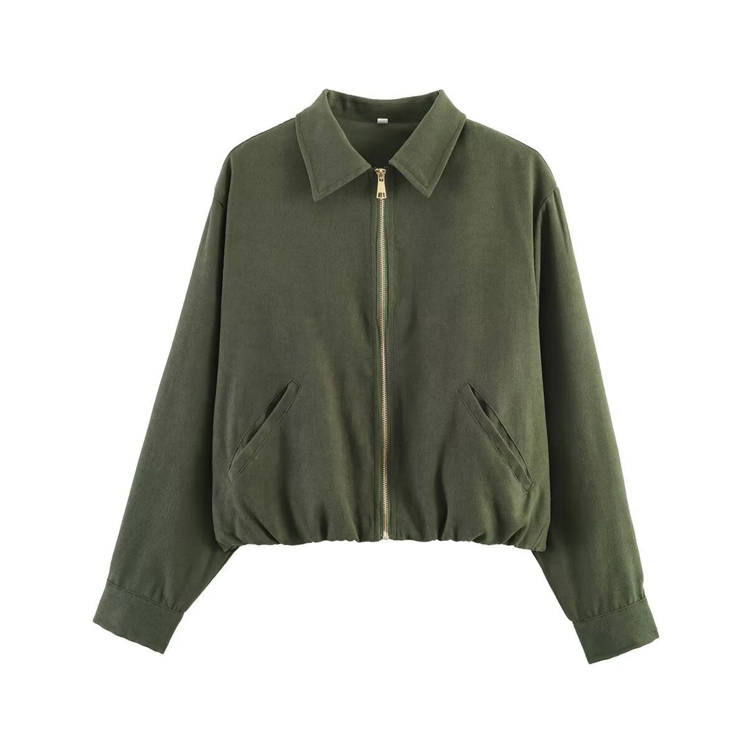 Dam Kort Blouson Jacka i Velour Look med Skjortkrage, Elastic Fåll och Sidofickor