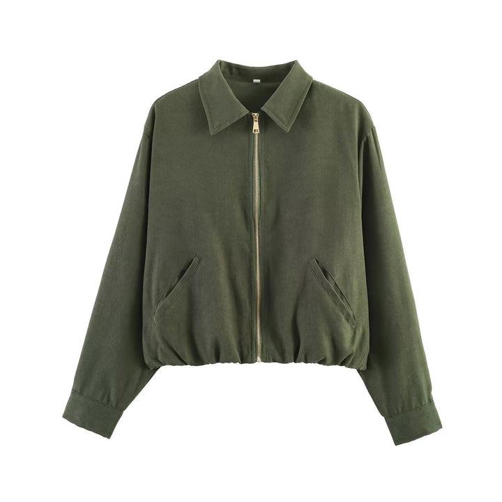Dam Kort Blouson Jacka i Velour Look med Skjortkrage, Elastic Fåll och Sidofickor