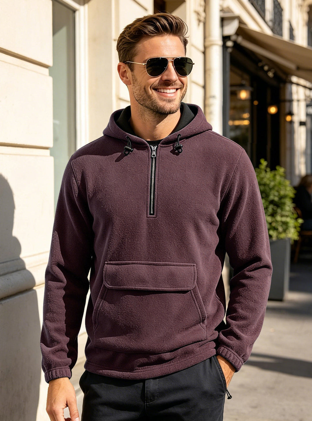 Herr Fleece Luvtröja med Halv Dragkedja, Känguruficka, och Adjustable Huva