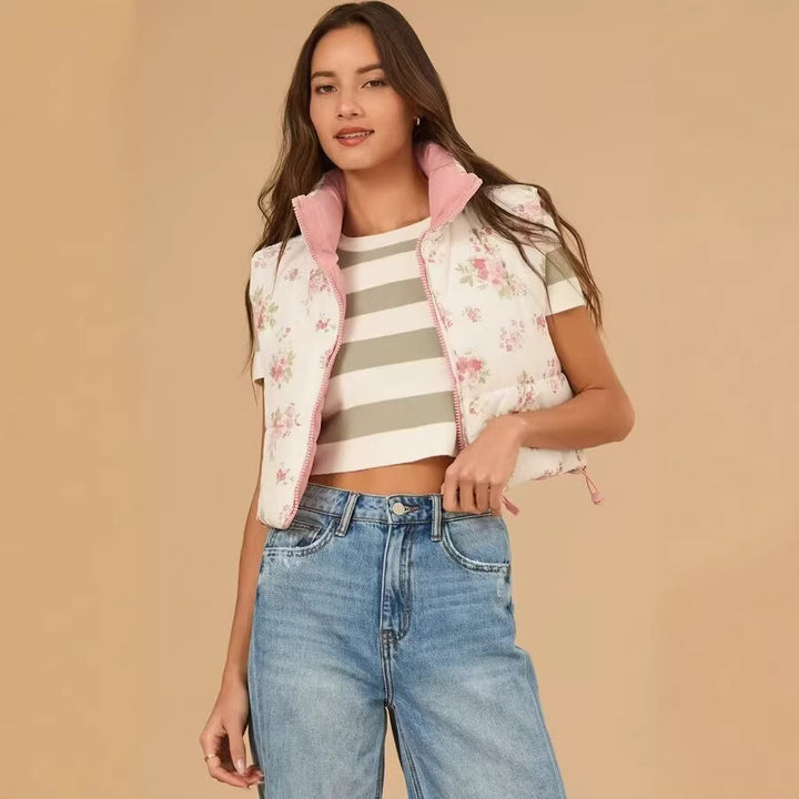 Dam kort skärning kviltad väst med ståkrage och blommig mönster