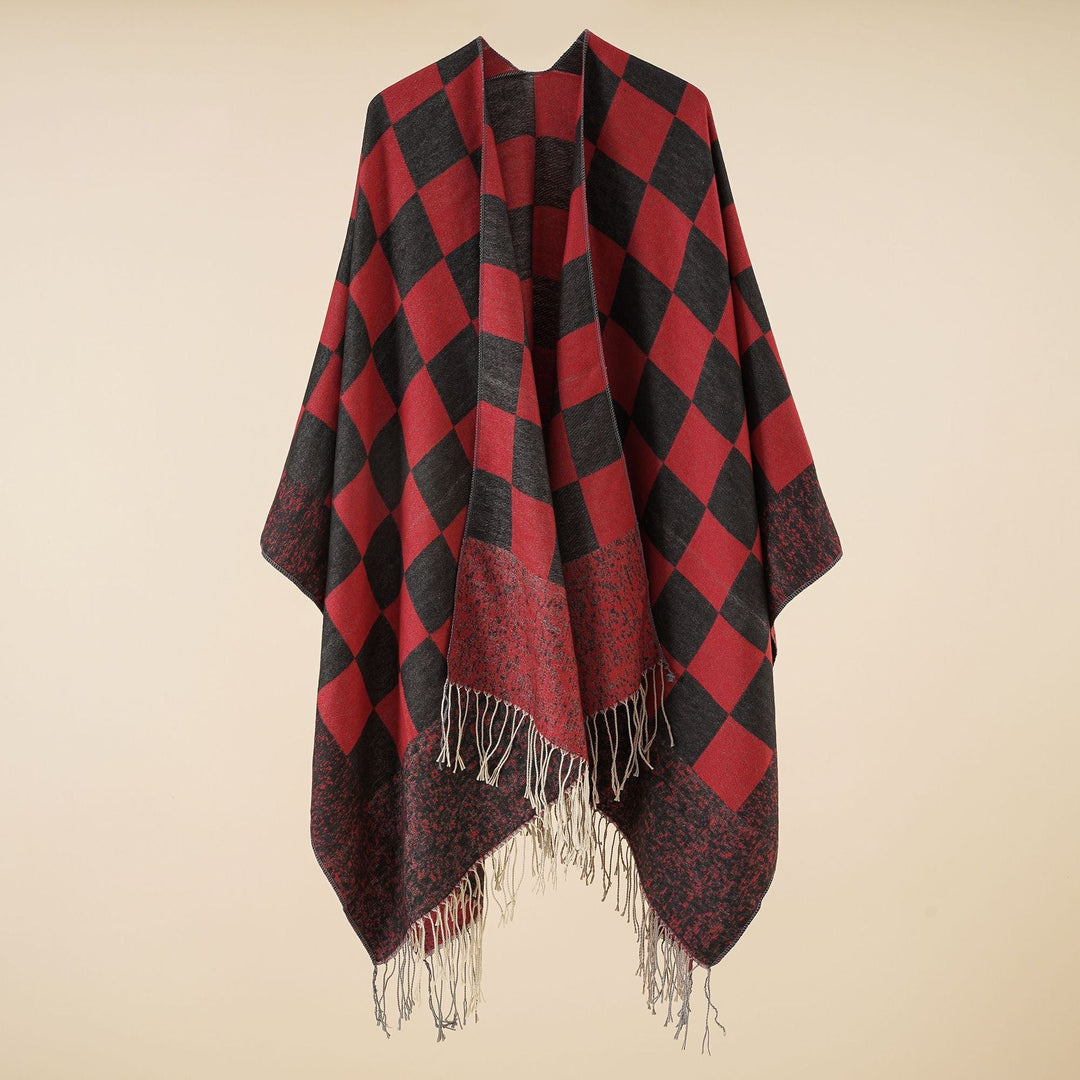 Dam oversized woven poncho med diamond mönster och fringes