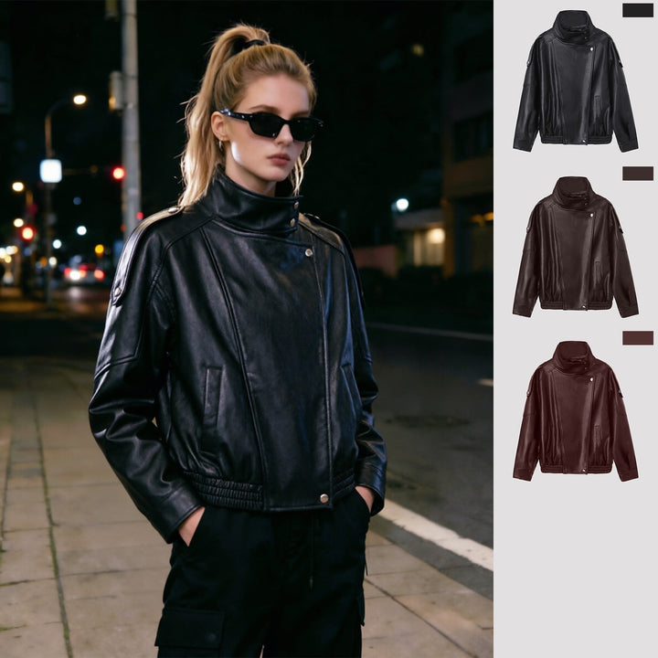 Dam oversize konstläder jacka med hög ståkrage och Asymmetric Placket