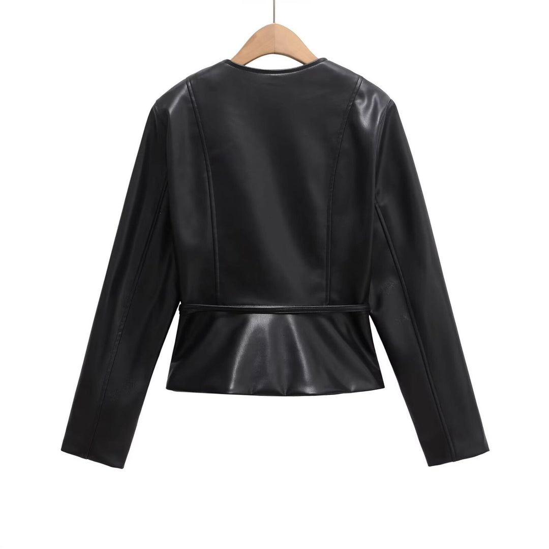 Dam Collarless Konstläder Jacka med Dragkedja och Waistband